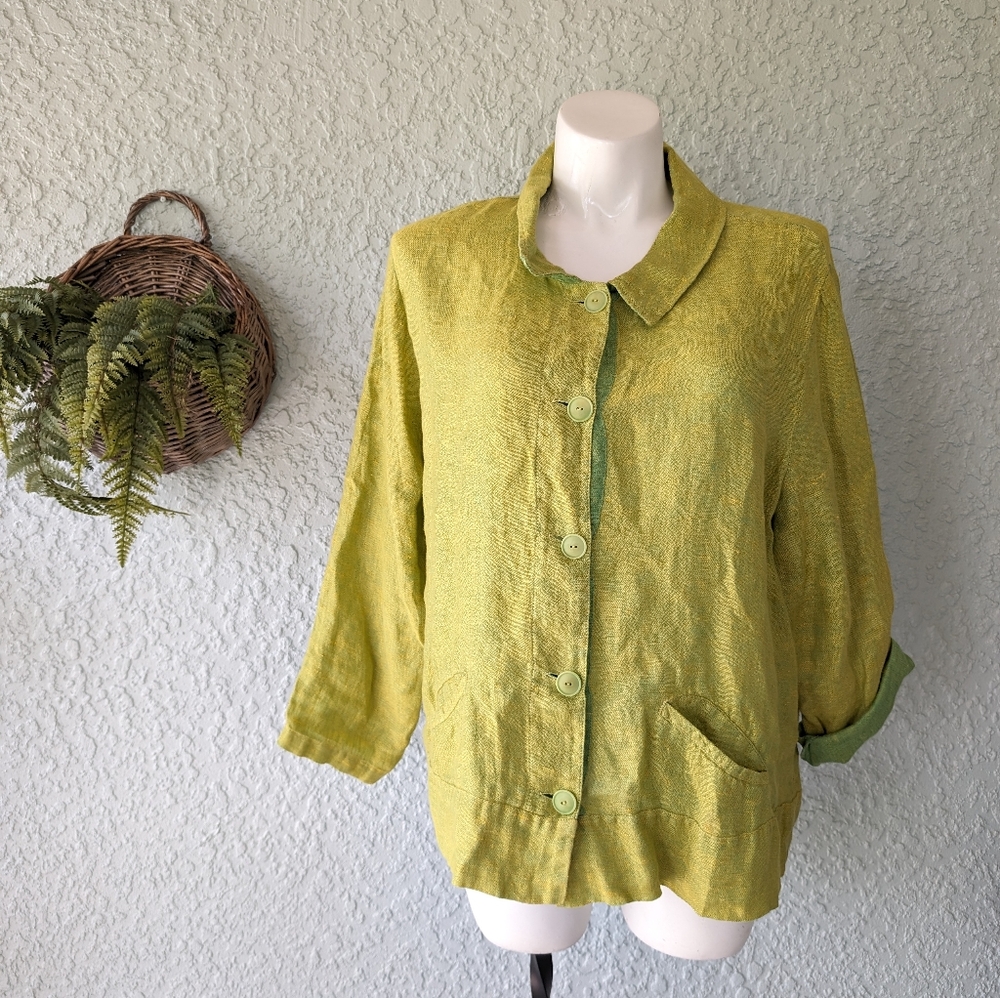 Flax Green Yellow Linen Button Down Shirt size‎ L